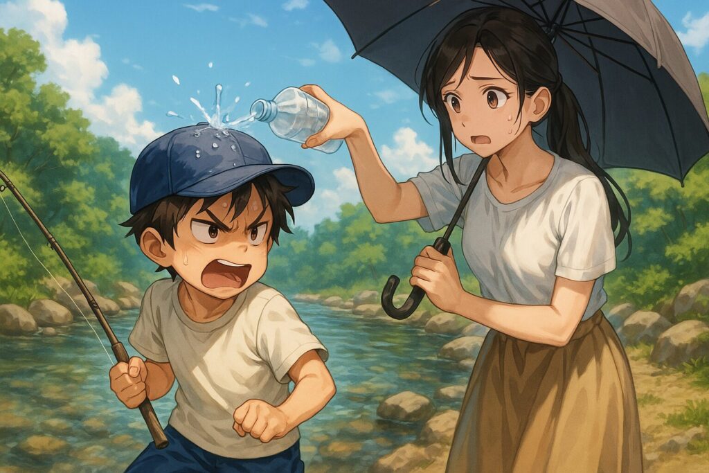 水をかけるママ、怒る息子