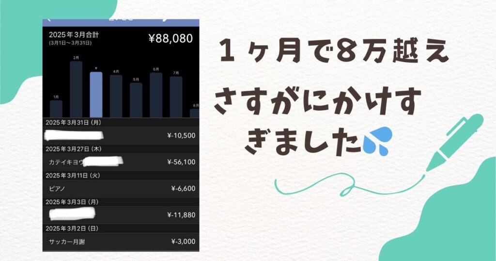 マネーフォワードの画面
習い事に1ヶ月に8万越え