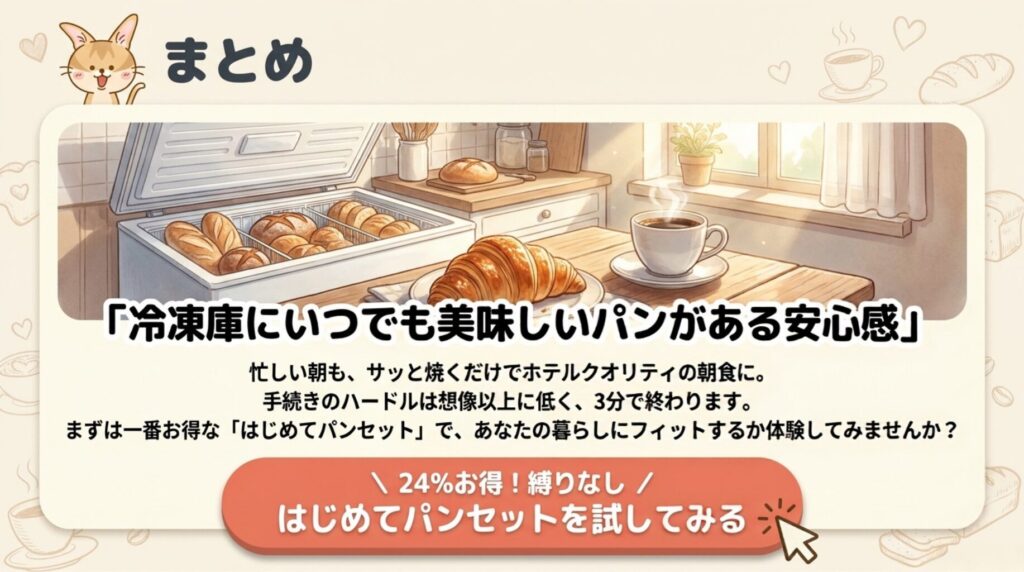 冷凍庫にいつでも美味しいパンがある暮らしを描いた、はじめてパンセットのまとめ画像