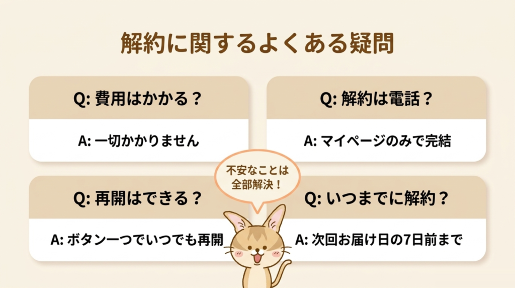 スタイルブレッド(STYLE BREAD)解約のよくある疑問の図解。費用はかからない、マイページのみで完結、ボタン一つでいつでも再開、次回お届け日の7日前までの4つをQ&A形式で示している