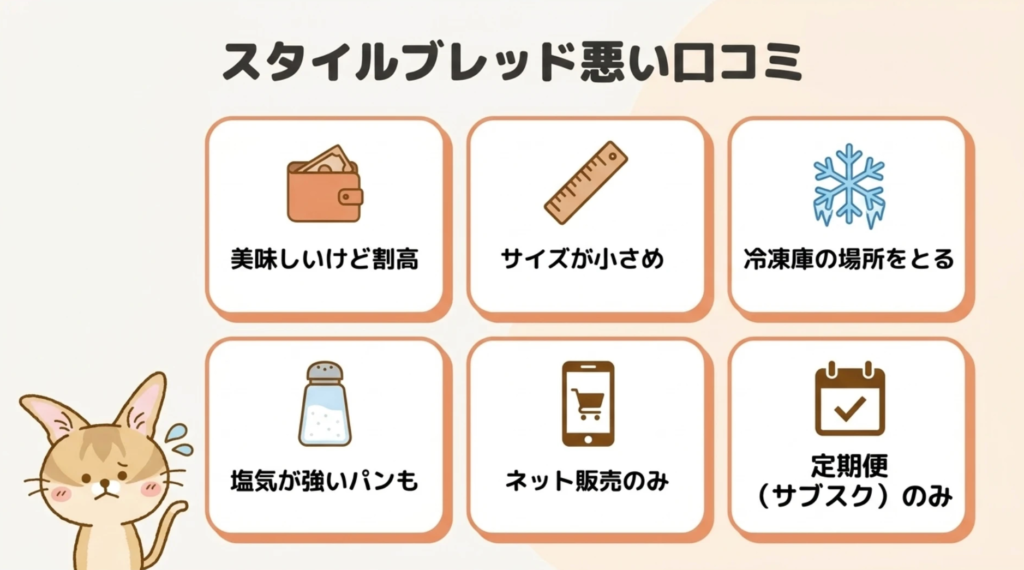 スタイルブレッド(STYLE BREAD)の悪い口コミ6つの図解。美味しいけど割高・サイズが小さめ・冷凍庫の場所をとる・塩気が強いパンも・ネット販売のみ・定期便(サブスク)のみ