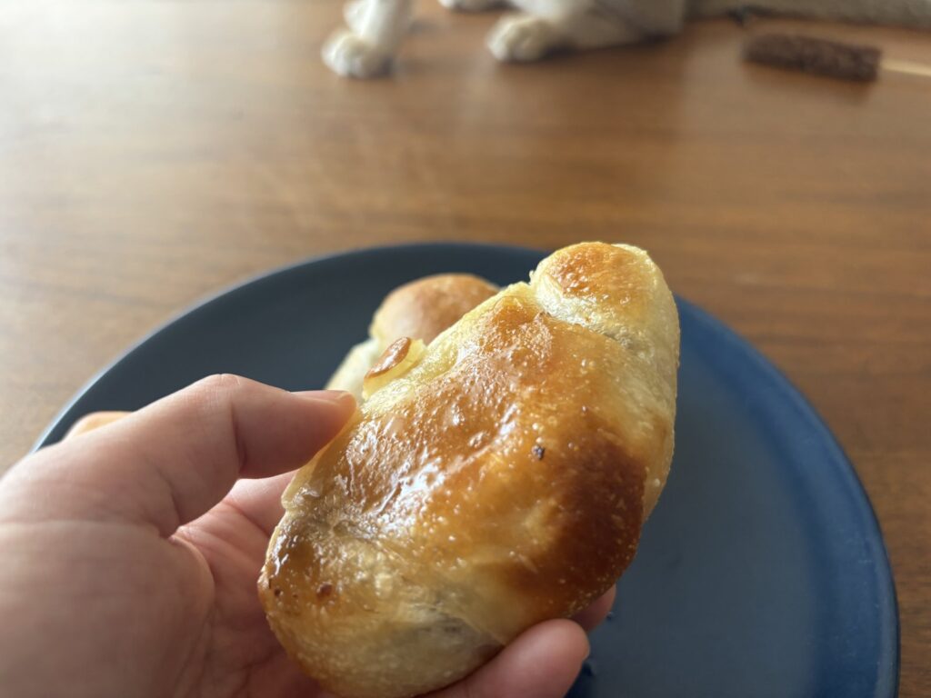 スタイルブレッド（STYLE BREAD）のはじめてパンセットに入っている塩パン/あんバターを焼いて手に持ったところ。表面がつやつや