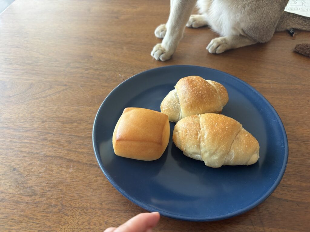 スタイルブレッド（STYLE BREAD）のはじめてパンセットに入っている塩パン/あんバター2個を焼いてお皿に盛ったところ（手前はパン・オ・レ）