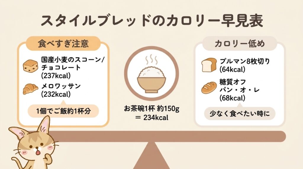 スタイルブレッド(STYLE BREAD)のカロリー早見表の図解。食べすぎ注意のパンとカロリー低めのパンを、お茶碗1杯234kcalとくらべている