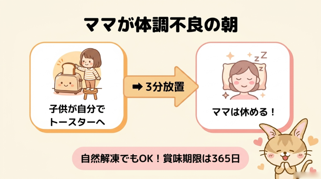 ママが体調不良の朝の図解。子どもが自分でスタイルブレッド(STYLE BREAD)の冷凍パンをトースターへ、3分放置でママは休める。自然解凍でもOK、賞味期限は365日