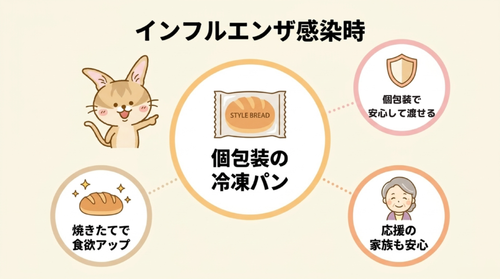 インフルエンザ感染時の図解。個包装のスタイルブレッド(STYLE BREAD)の冷凍パンなら安心して渡せる、焼きたてで食欲アップ、応援の家族も安心