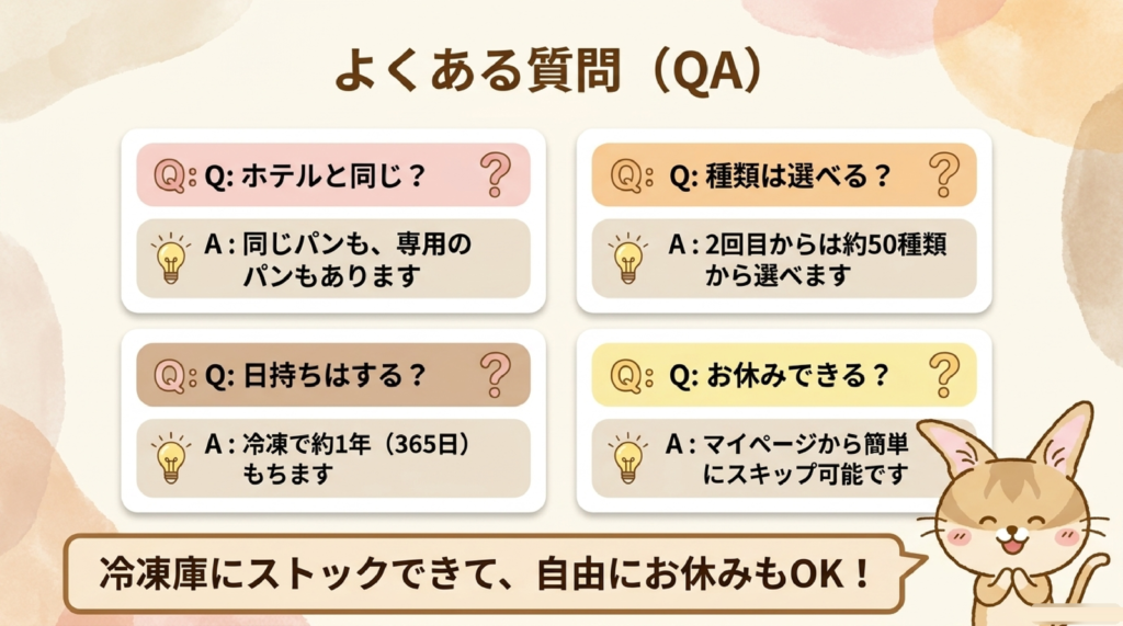 スタイルブレッド(STYLE BREAD)を個人で買う前のよくある質問の図解。ホテルと同じ?種類は選べる?日持ちは?お休みできる?