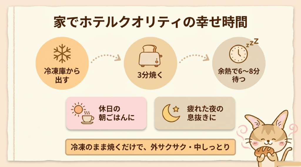 スタイルブレッド(STYLE BREAD)を家でホテルクオリティで食べる図解。冷凍庫から出してトースターで3分、余熱で6〜8分