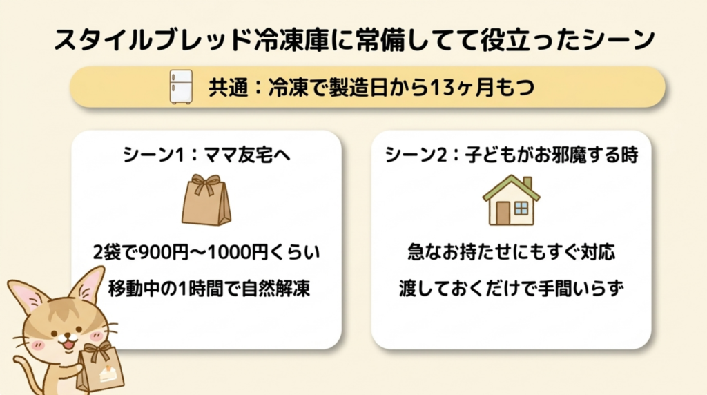スタイルブレッド（STYLE BREAD）のマフィンを冷凍庫に常備して役立ったシーン（ママ友宅への手土産・子どものお持たせ）の図解