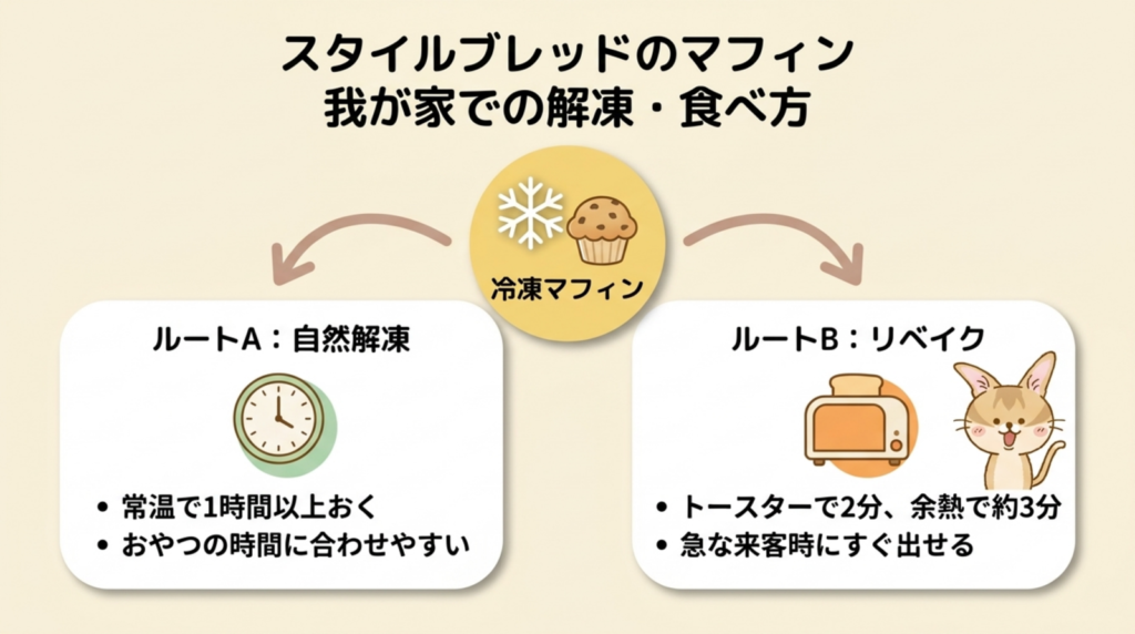 スタイルブレッド（STYLE BREAD）のマフィンの解凍と食べ方（自然解凍・トースターでリベイク）の図解