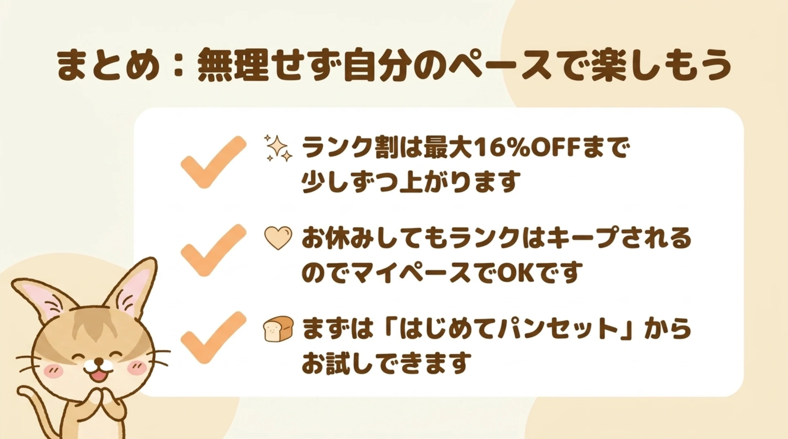 STYLE BREAD（スタイルブレッド）のランクのまとめの図解（最大16%OFF・お休みしてもランクはキープ・はじめてパンセットからお試し）