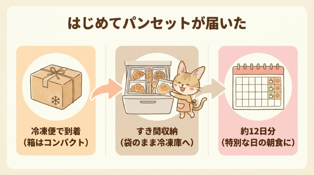 スタイルブレッド（STYLE BREAD）のはじめてパンセットが届いてからの流れの図解。冷凍便で到着（箱はコンパクト）、袋のまま冷凍庫のすき間に収納、約12日分（特別な日の朝食に）