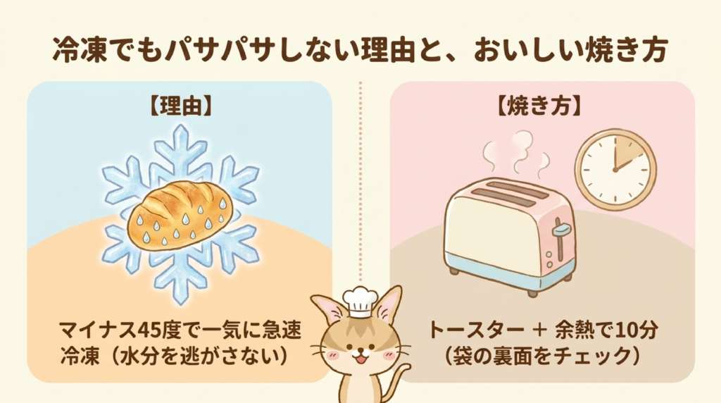 スタイルブレッド（STYLE BREAD）のはじめてパンセットのパンが冷凍でもパサパサしない理由と、おいしい焼き方の図解。マイナス45度で一気に急速冷凍、トースターと余熱で10分（袋の裏面をチェック）